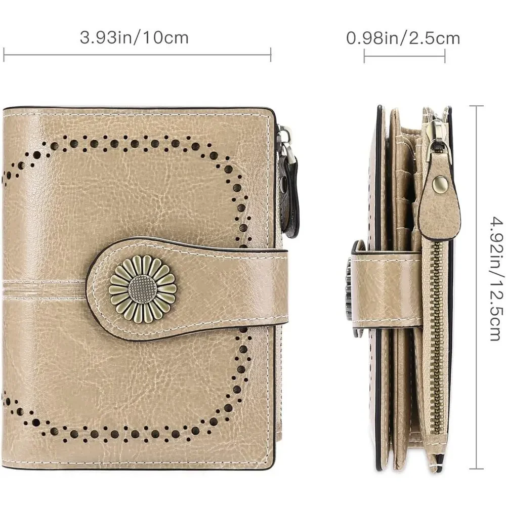 Sendefn Wallet Womens Beige Leather Bi-fold Zipper Coin Pocket RFID Blocking - Picture 3 of 7